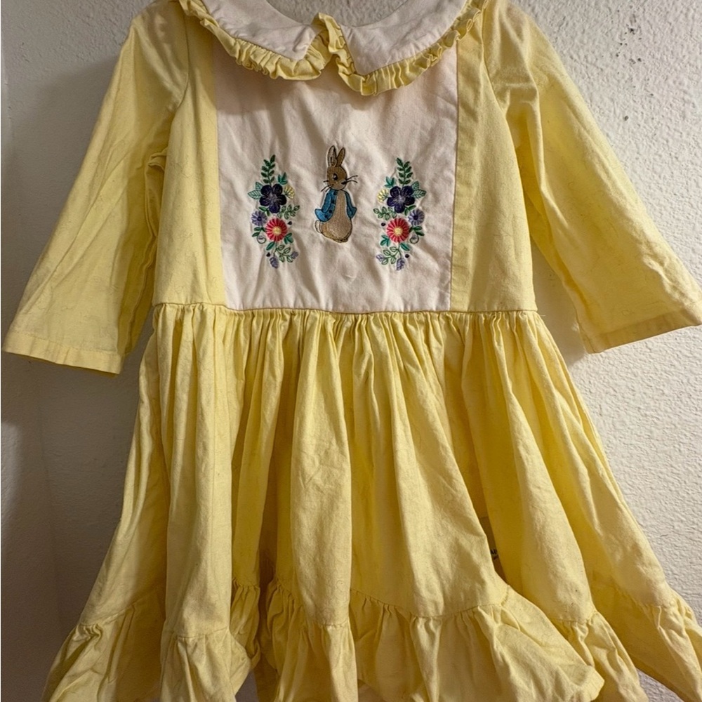 Yellow Embroidered Bunny Ruffle Collar Kids Dress Easter 5/6